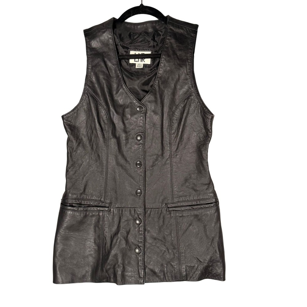 LNR Genuine Leather Button Front Vest Small Womens Black Longline Waistcoat